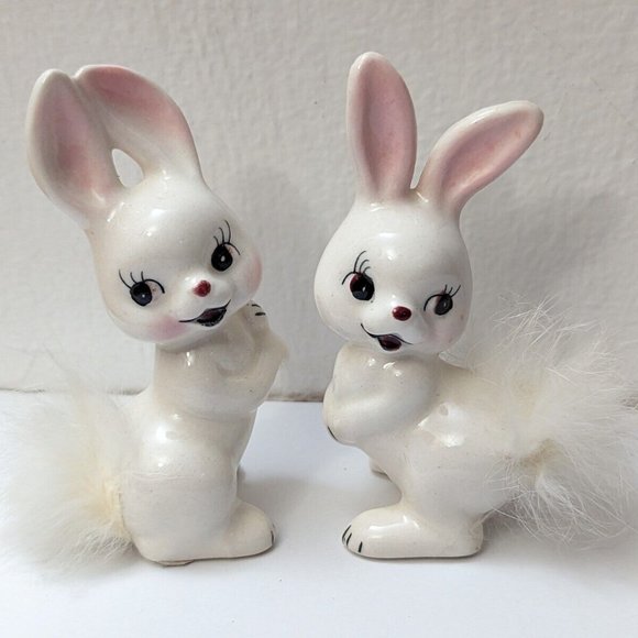 Other - Japan creepy cute porcelain BUNNY vintage RABBIT FUR TAIL HAIR Ceramic rabbits